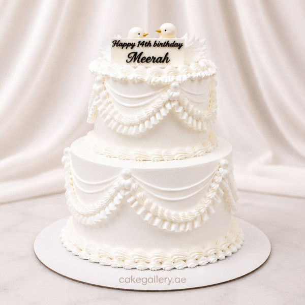 Elegant White Vintage Birthday Cake
