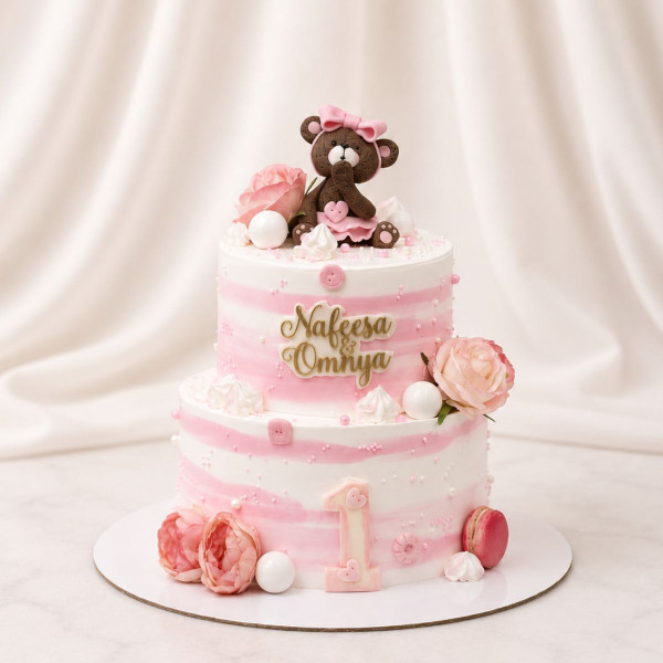 Pink Teddy Bear First Birthday Cake